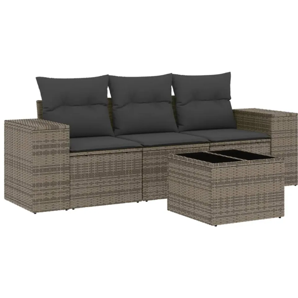 vidaXL 4-delige Loungeset met kussens poly rattan grijs
