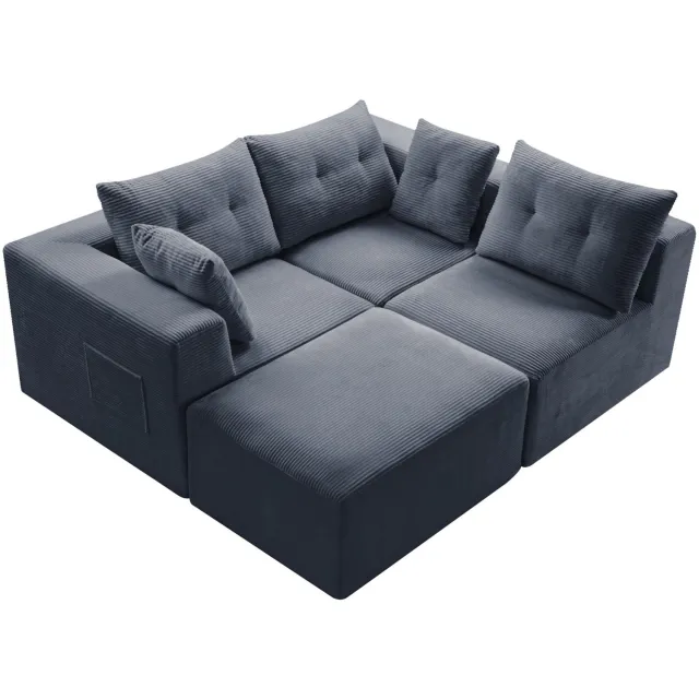 MIVRAY Hoekbank 254 x 92 x 82 cm - Modulair met Diepe Zit en Sierkussens - Voor Woonkamer en Appartement - Ribstof - Zwart Donkergrijs