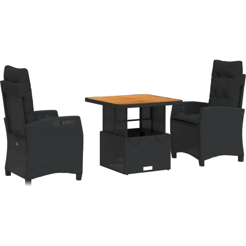 vidaXL 3-delige Tuinset met kussens poly rattan zwart