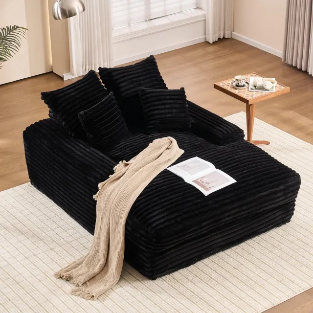 MEUNIQ Chaise longue 175 x 137 cm van zwarte ribstof met geheugenschuim, 4 afneembare wasbare kussens en armleuningen voor de woonkamer
