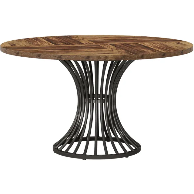 PHOEBE CAT Ronde Eettafel - Houtlook - Metalen onderstel - Tafelblad van 3 cm dik - Bruin + Zwart