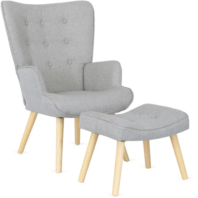 Mebel Elite Lozano 2 - Fauteuil met voetenbank - Grijs - Stoffen bekleding - Houten poten