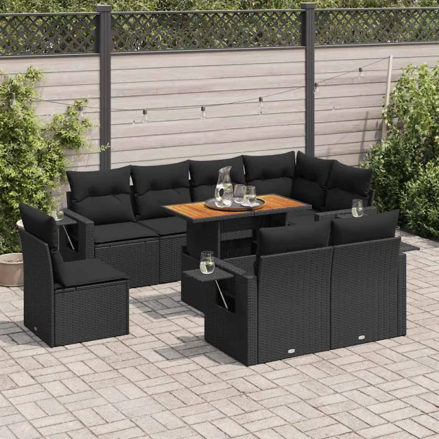 vidaXL 9-delige Loungeset met kussens poly rattan zwart, foto 2