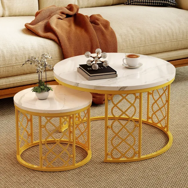 FloraGrace Metalen Frame Salontafel - Salontafel Set Van 2 - Nesting Tafels Met Marmerlook Blad - Wit Goud Wit + Goud