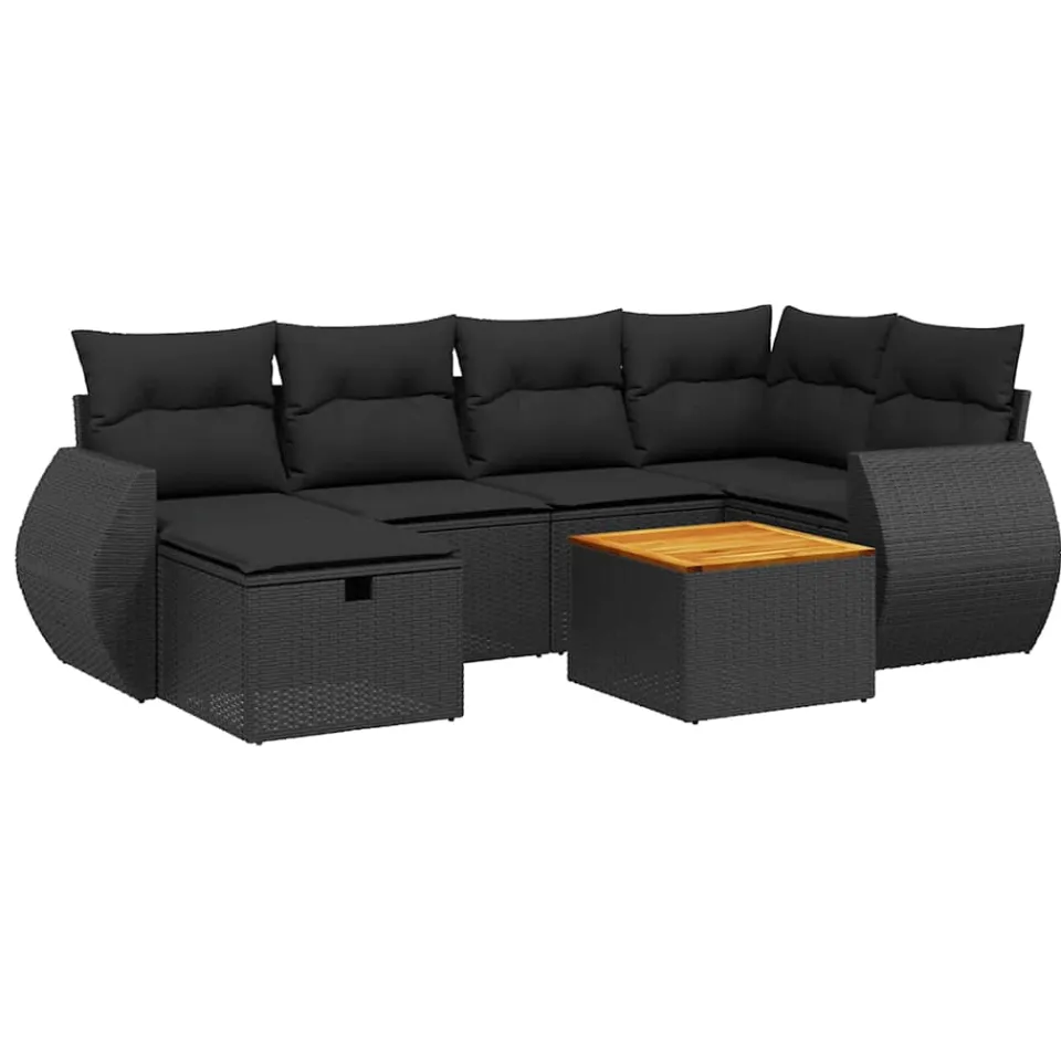 vidaXL 7-delige Loungeset met kussens poly rattan zwart, foto 3