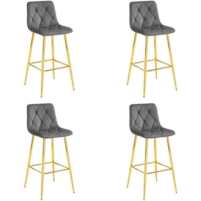 LEOBERT Set van 4 Barkrukken NADO – Donkergrijs Velvet / Fluweel – Gestoffeerde Barstoelen met Rugleuning en Voetsteun – Goudkleurige Metalen Poten – Modern Design – Voor Keukeneiland, Keuken, Bartafel en Thuisbar