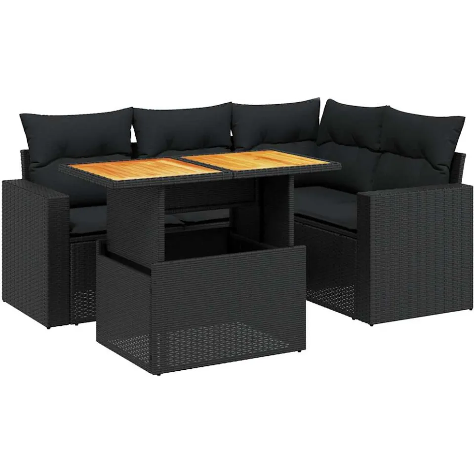 vidaXL 5-delige Loungeset met kussens poly rattan zwart, foto 3