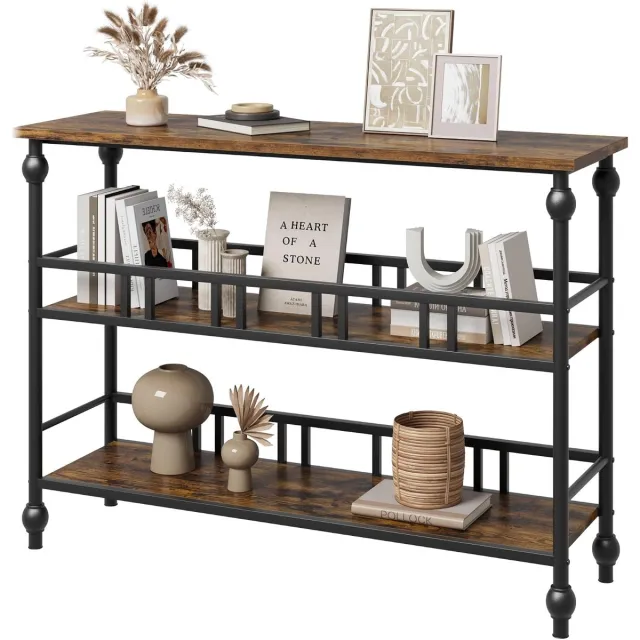 Triumpunpre Smalle consoletafel voor hal/woonkamer – 3 niveaus met open schappen, opbergruimte achter de bank, industriële stijl hout/metaal – retrokleur