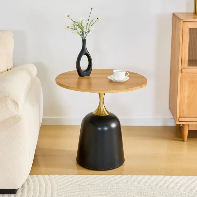 HAUSS SPOLE Bijzettafel - Ronde Tafel Met Stabiel Metalen Onderstel - Voor Woonkamer Slaapkamer En Kantoor - Houtlook - 60x60x58 Cm - Wood Houtkleur