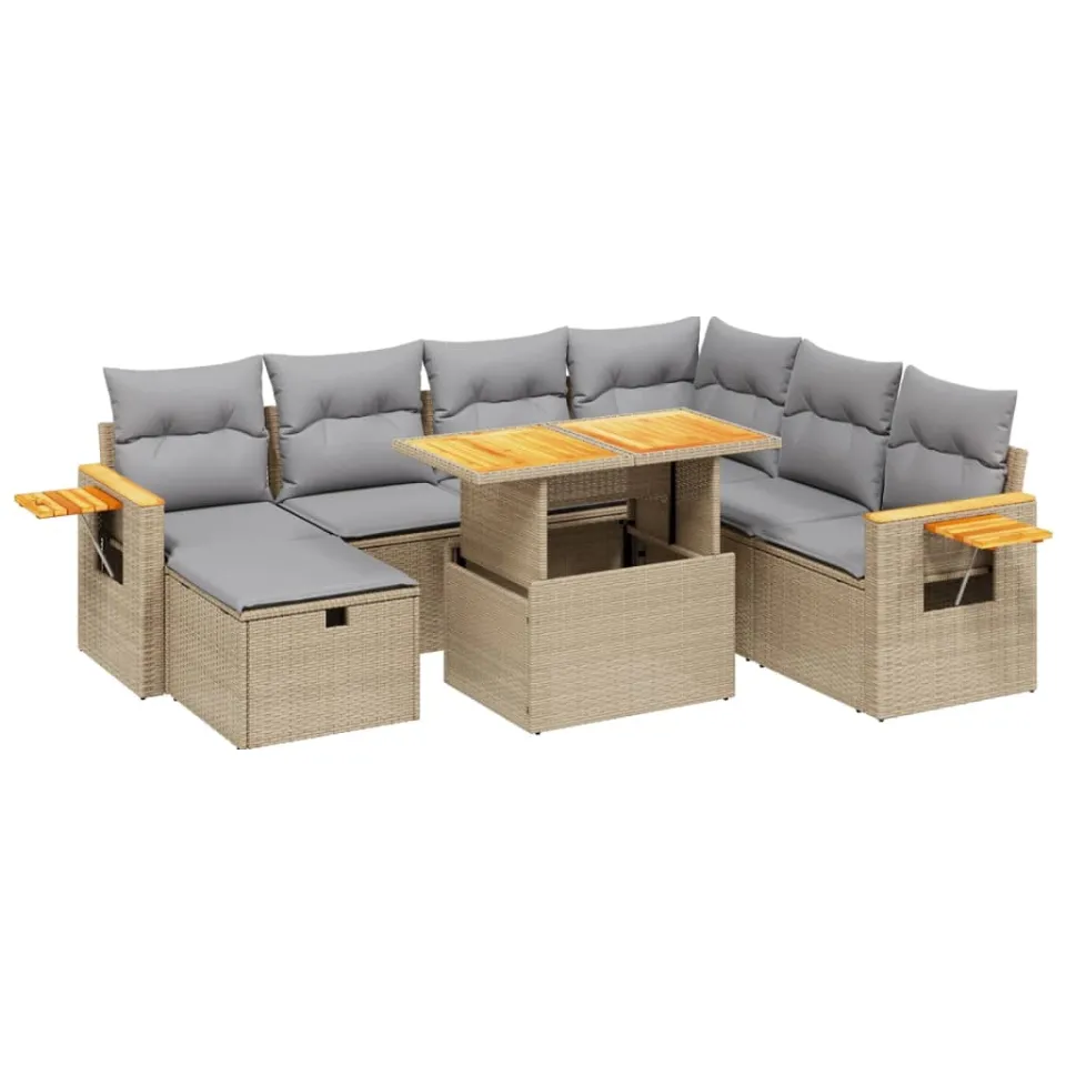 vidaXL 8-delige Loungeset met kussens poly rattan beige, foto 3