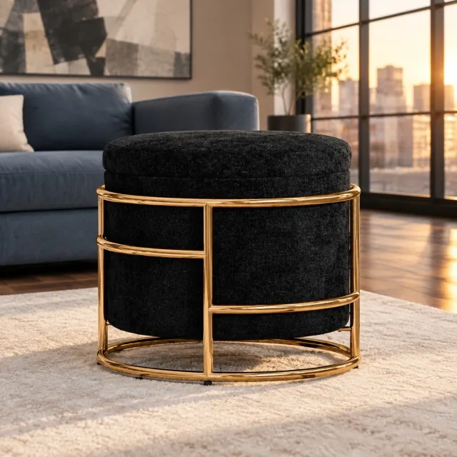 DESMIU Poef 42 x 39 cm - Rond met Opbergruimte en Zachte Zitting - Voor Woonkamer en Slaapkamer - Fluweel en Staal - Zwart en Goudkleurig