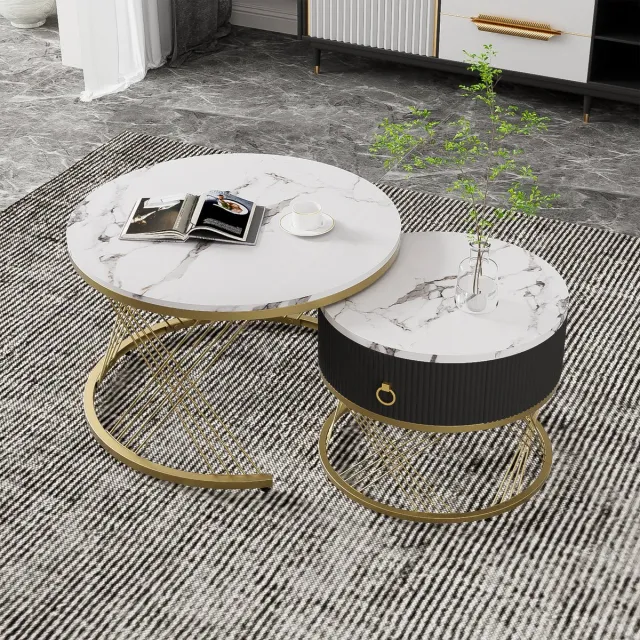 OKWISH Salontafel Set Van 2 - Inschuifbaar Design Met Lade - Voor Woonkamer - MDF Wit Met Goudaccenten - 70x70x45 En 50x50x40 Zwart
