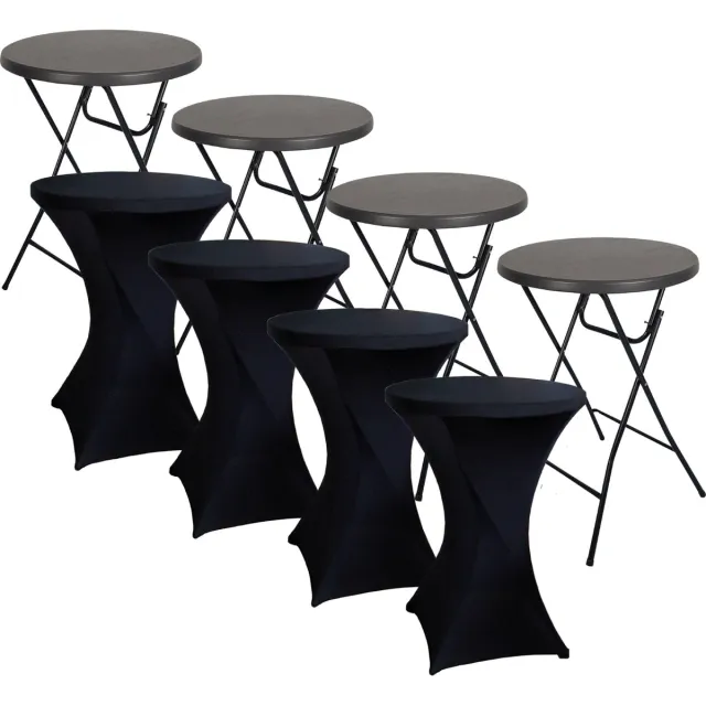 Brasq Statafel Zwart – Ø80 x 110 cm – Set van 4 – Staantafel – Partytafel – Bartafel – Inclusief 4x Zwarte Statafelrok – Voor Binnen en Buiten – Vouwtafel – Inklapbaar – Kunststof en Metaal 4 statafels Zwart + 4 Zwarte statafelrokken