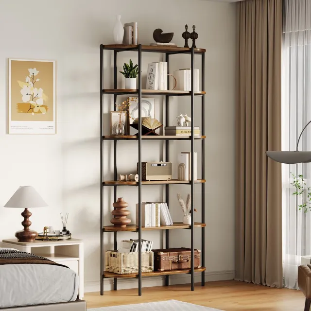 Triumpunpre Boekenkast 6 Lagen - 80x34x180cm - Hoge Ovale Boekenkast Industrieel - Vintage Metalen Frame - Open Stevige Opbergkast - Voor Kantoor Woonkamer - Bruin