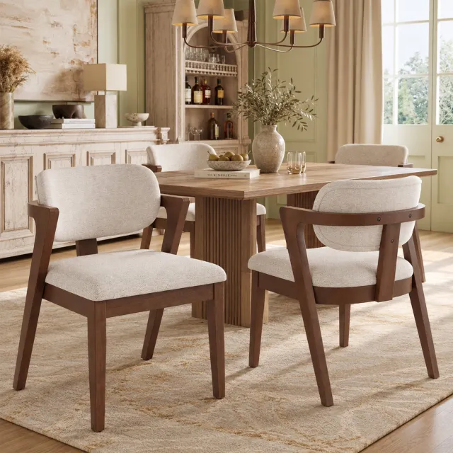 HAUSS SPOLE Eetkamerstoelen - Set van 2 - Met Armleuningen en Zachte Zitting - Voor Eetkamer, Woonkamer en Café - Hout en Linnen - Walnootkleur en Haverbeige Walnootbruin