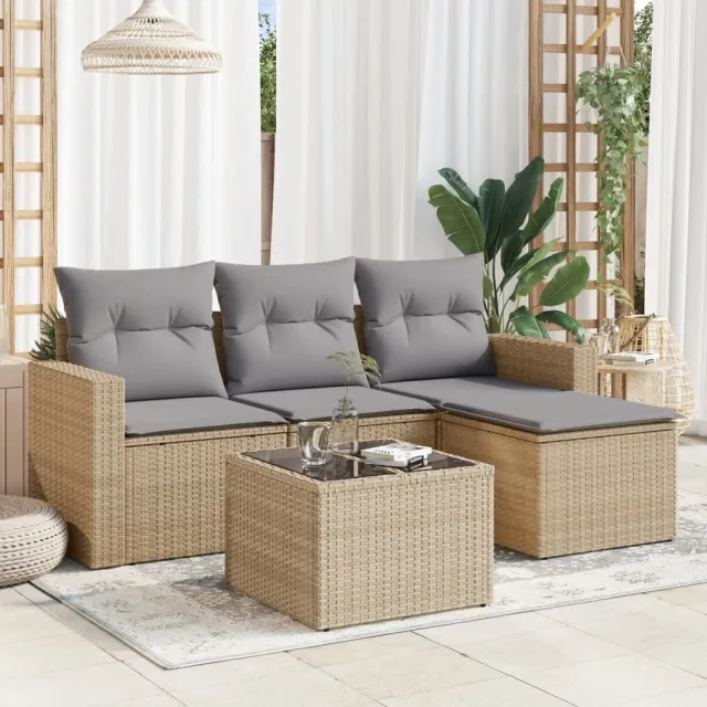 vidaXL 5-delige Loungeset met kussens poly rattan beige, foto 2