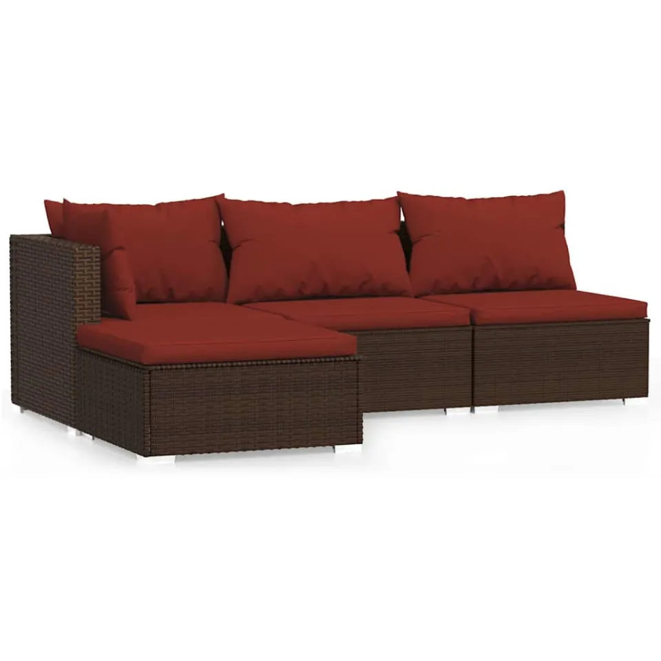 vidaXL 4-delige Loungeset met kussens poly rattan bruin, foto 3