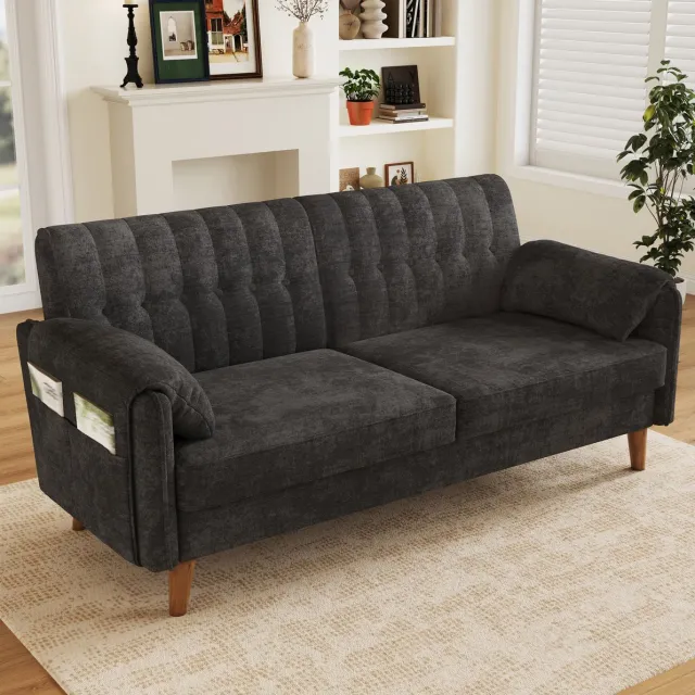 MODENUIT Bank 161,5 cm - 2-zits met getufte rugleuning en zijvakken - Voor woonkamer - Chenille - Donkergrijs
