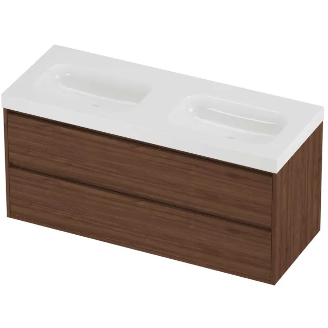 Proline Haga Badmeubelset Polystone Mezza Dubbel 120x46x58 cm Glans Wit Indian Walnut Houtlook