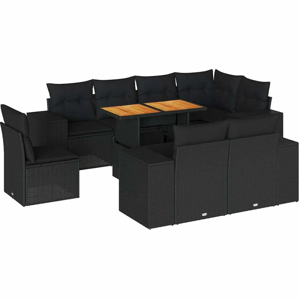 vidaXL 9-delige Loungeset met kussens poly rattan zwart, foto 3