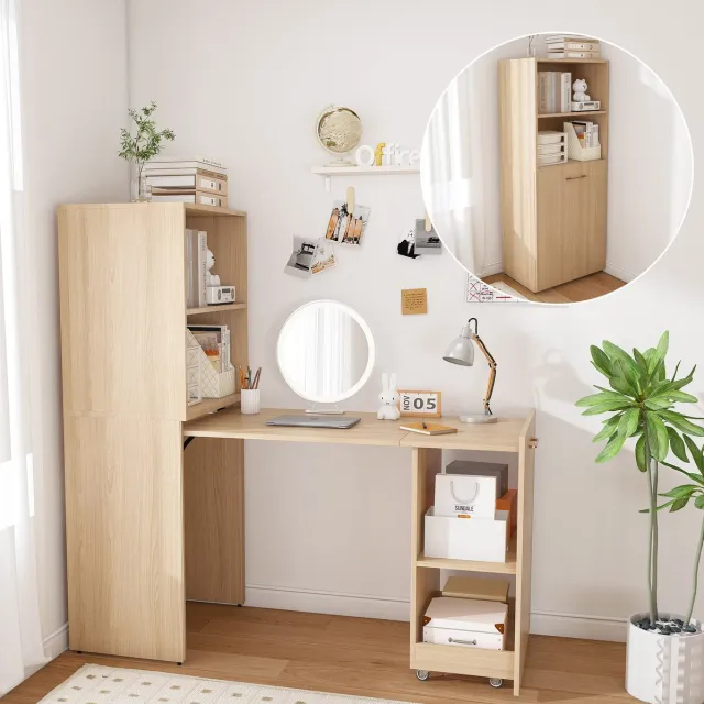 Wishdor Bureau - Uitneembaar werkblad en opbergruimte - Met verstelbare planken en wielen - Voor slaapkamer en werkkamer - Houtlook - Natuurlijk hout - 126 x 55 x 136 cm Natural Wood