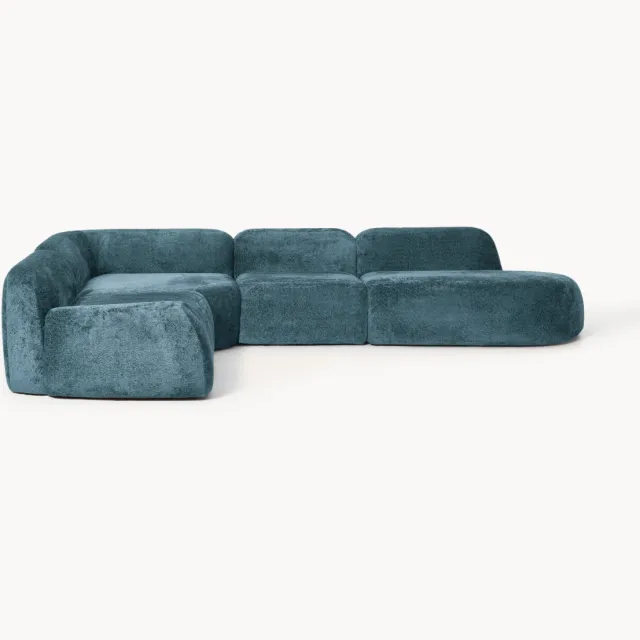 Westwing Collection XL modulaire teddy bouclé hoekbank Wolke (4-zits) met chaise longue turquoise
