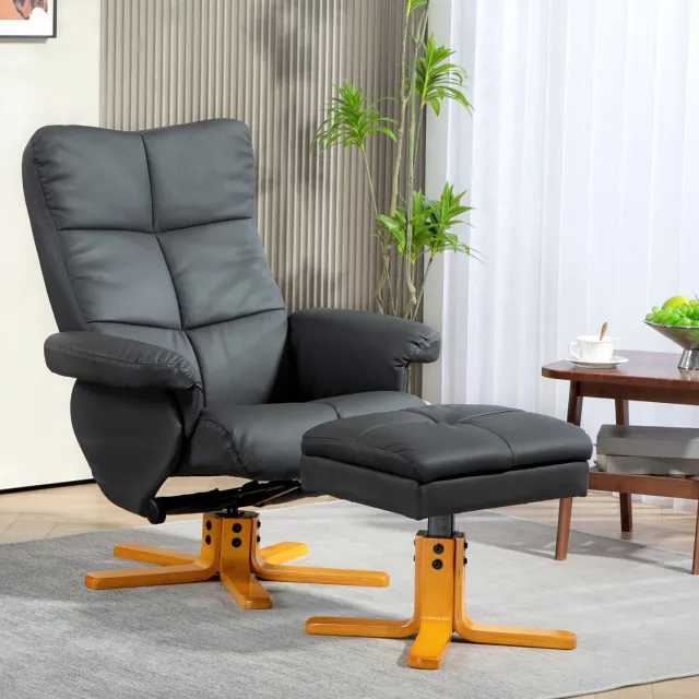 DESMIU Relaxfauteuil 80 x 86 x 99 cm - Verstelbare Rugleuning en Hocker - 360 Graden Draaibaar - Voor Woonkamer - Kunstleer - Donkergrijs