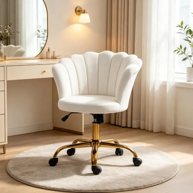 DESMIU Bureaustoel – Verstelbare Zithoogte – 69 x 64 x 80 tot 90 cm – Fluweel en Staal – Wit – Met Wielen – Bloemvormige Rugleuning