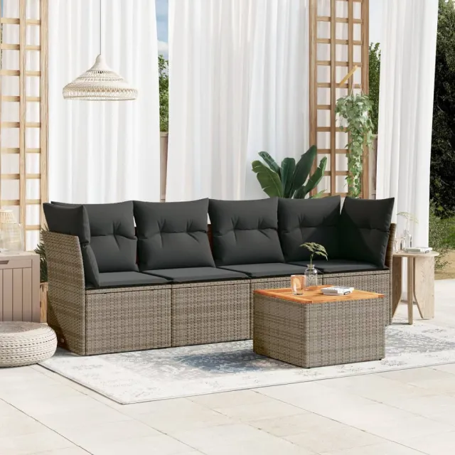 vidaXL 5-delige Loungeset met kussens poly rattan grijs, foto 2