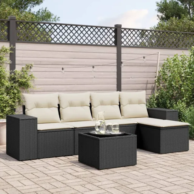 vidaXL 6-delige Loungeset met kussens poly rattan zwart, foto 2