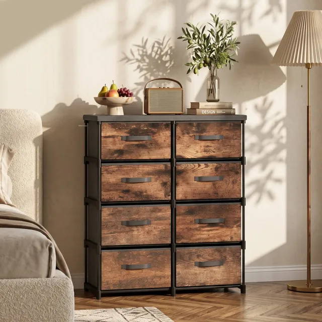 TEKROA Ladekasten - Commode met acht lades - stoffen bekleding - metalen frame, geschikt voor slaapkamers en woonkamers - bruin
