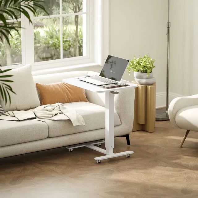DESMIU Bureau – In Hoogte Verstelbaar – 65 X 48 X 70 Tot 110 Cm – Staal – Wit – Zit Sta Werken Aan Bureau Of Sofa – Met Wielen