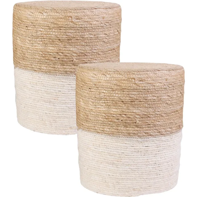 HOME DECO FACTORY Bijzet poef Mirage - 2x - Ibiza/boho - beige - MDF - 35 x 41 cm - gevlochten