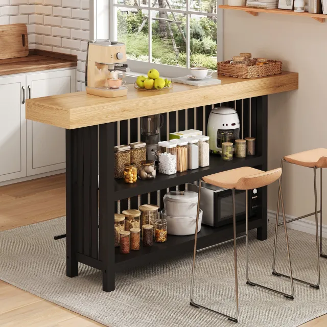 DESMIU Bartafel - Met Voetensteun En Tweelaags Opbergrek - Voor Keuken En Eethoek - MDF - Zwart Met Houtlook - 160 x 40 x 105 cm