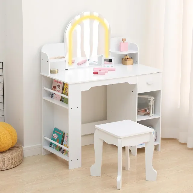 HOERFURIY Kinder Kaptafel met Verlichte Spiegel - 2‑in‑1 Kaptafel & Krukje voor Meisjes 3‑9 Jaar, met Boekenkast, Lade & Open Planken, Wit