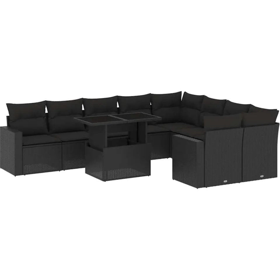 vidaXL 10-delige Loungeset met kussens poly rattan zwart, foto 3
