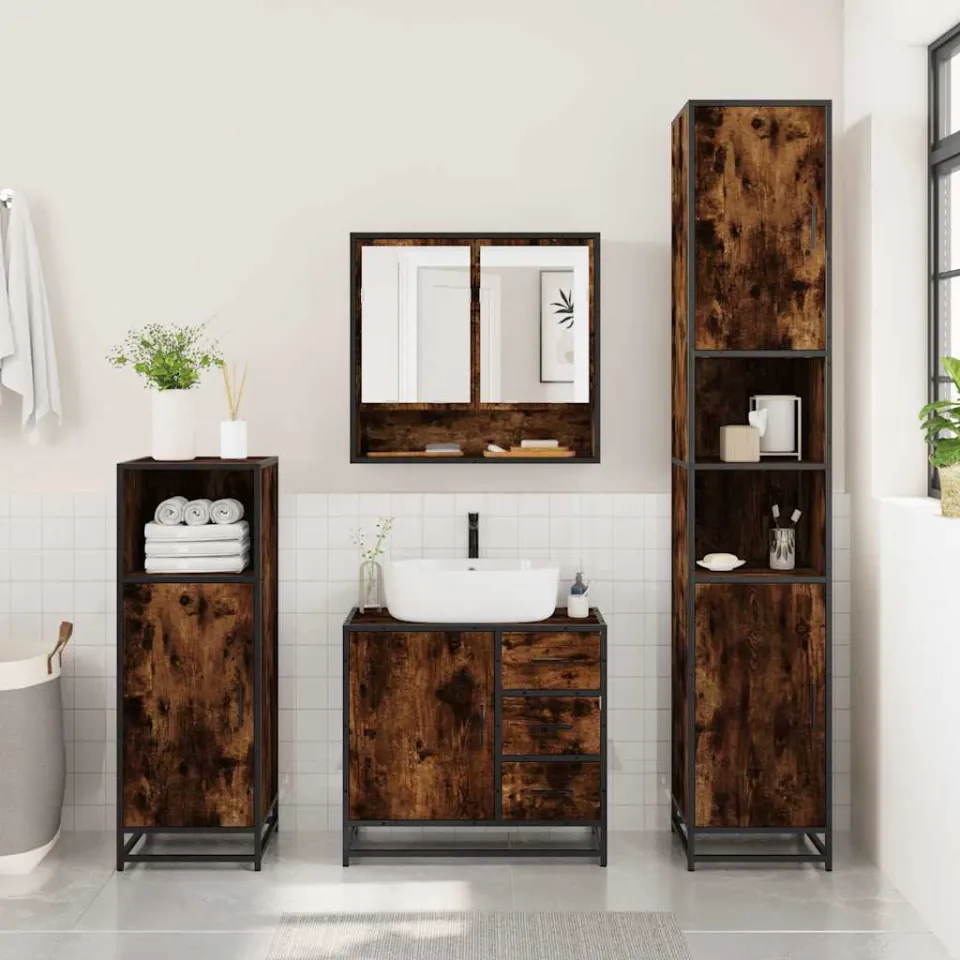 vidaXL 4-delige Badkamermeubelset bewerkt hout gerookt eikenkleurig, foto 2