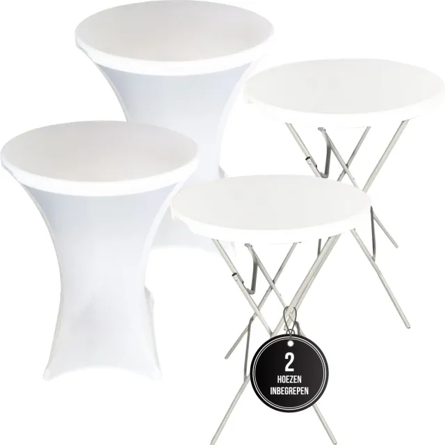 IvoQ 2x Witte Statafel - Set van 2 + 2x Witte Statafelrok - Inklapbaar - Ø80x110 cm - Partytafel / Staantafel Rond - Cocktailtafel - Binnen & Buiten