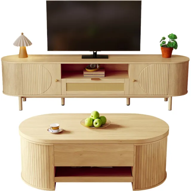 MUVANO Woonkamermeubelset - In hoogte verstelbare salontafel - Tv-meubel - Met opbergruimte - 175 cm en 110 cm - Kabelmanagement - Woonkamer Naturel