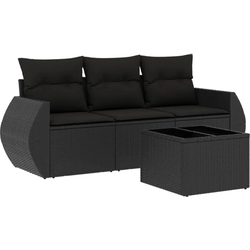 vidaXL 4-delige Loungeset met kussens poly rattan zwart, foto 3