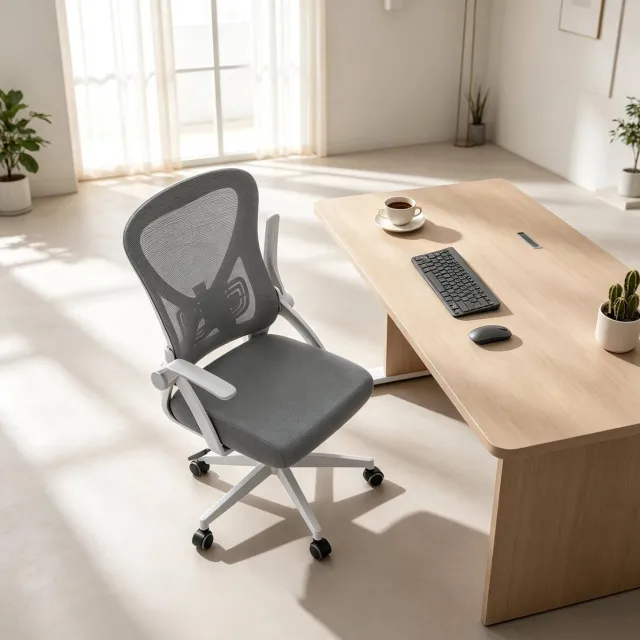 REDOM Ergonomische bureaustoel - Mesh rugleuning - Klapbare armleuningen - In hoogte verstelbare zitting - Draaibaar met wielen - Metaal - Grijs - 47 x 42 x 102-111,5 cm