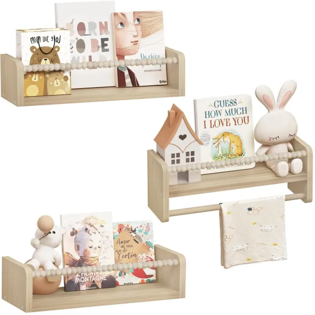 Klarven Zwevende Wandplank 40x15x14cm - Montessori Boekenkast - Zwevende Kast, Ruimtebesparend, Rand Valbescherming, Draagkracht 20 kg per Schap - Set van 3 - B 40 x H 15 x D 14 cm natuurlijk hout