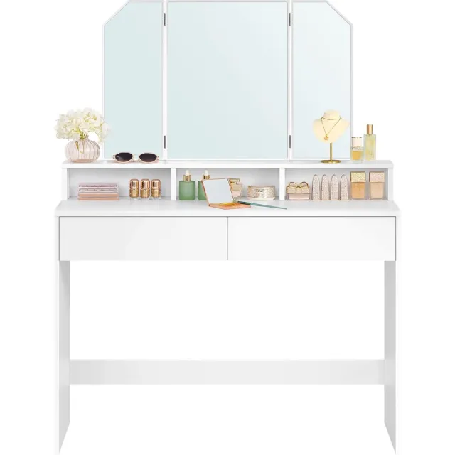 Conway Living Kaptafel - Moderne witte make-uptafel - 2 lades - Make up tafel met spiegel - Met opvouwbare spiegel - 140 x 40 x 100 cm