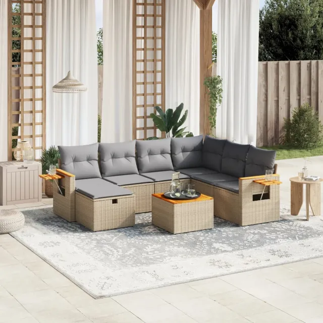 vidaXL 8-delige Loungeset met kussens poly rattan gemengd beige, foto 2