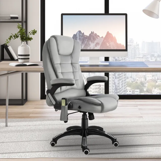 MEUNIQ ergonomische bureaustoel met massage- en verwarmingsfunctie, verstelbare zithoogte, rugleuning tot 130°, 360° draaibaar met wielen en armleuningen, grijs