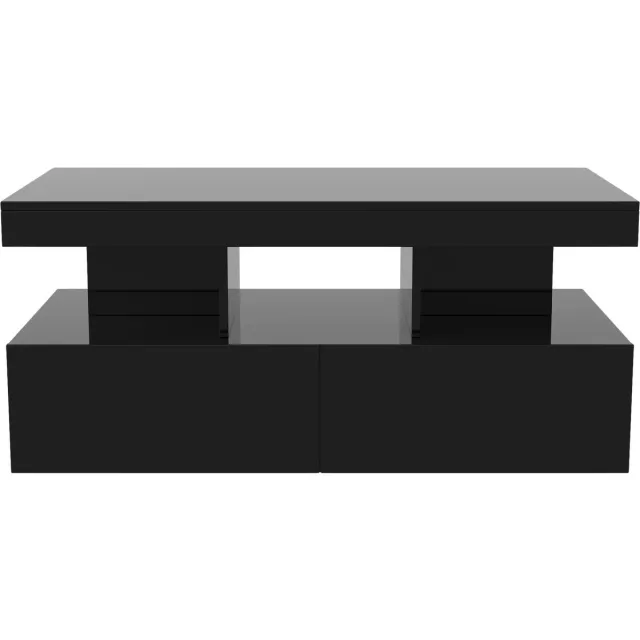 Happiq Salontafel - Hoogglans Salontafel met LED Verlichting, 2 Lades en Open Vakken - Zwart, Hout Engineered Wood