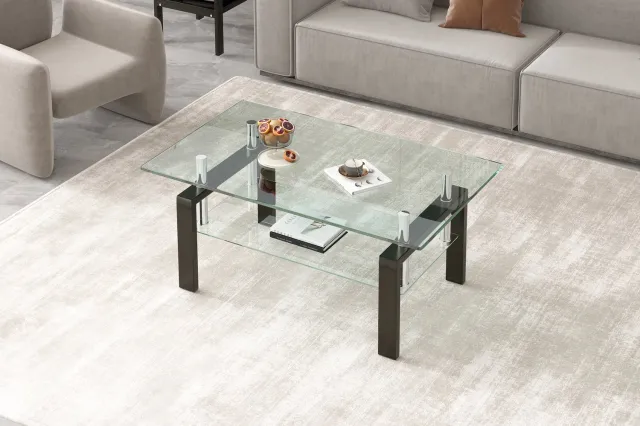HAUSS SPOLE Salontafel - Twee Lagen Gehard Glas - Transparant Met Metalen Frame - Moderne Woonkamer - Rechthoekig - 100x60x44 Cm