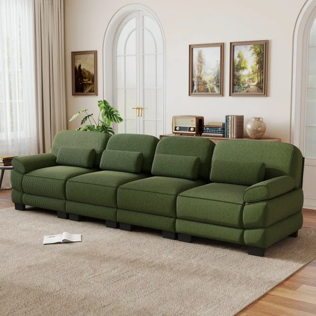 Wishdor 4-zitsbank - Modulaire zitbank met zachte ribstof - L- of U-vorm met verbindingsstukken - Afneembare armleuningen en lendenkussens - Groen - Woonkamer - 336 x 88,5 x 94 cm