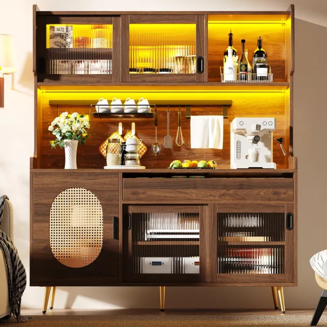 Merax Buffetkast - opbergkast - keukenkast - dressoir - 145x39x171 cm - landelijke stijl - 5 deuren - met LED-licht - bruin