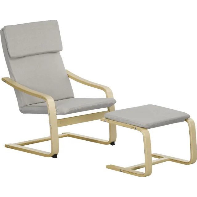 Homona Fauteuil met voetenbank - Met hoofdkussen en armleuningen - Met linnenlook bekleding en houten frame - 66,5 x 80 x 99 cm - Lichtgrijs